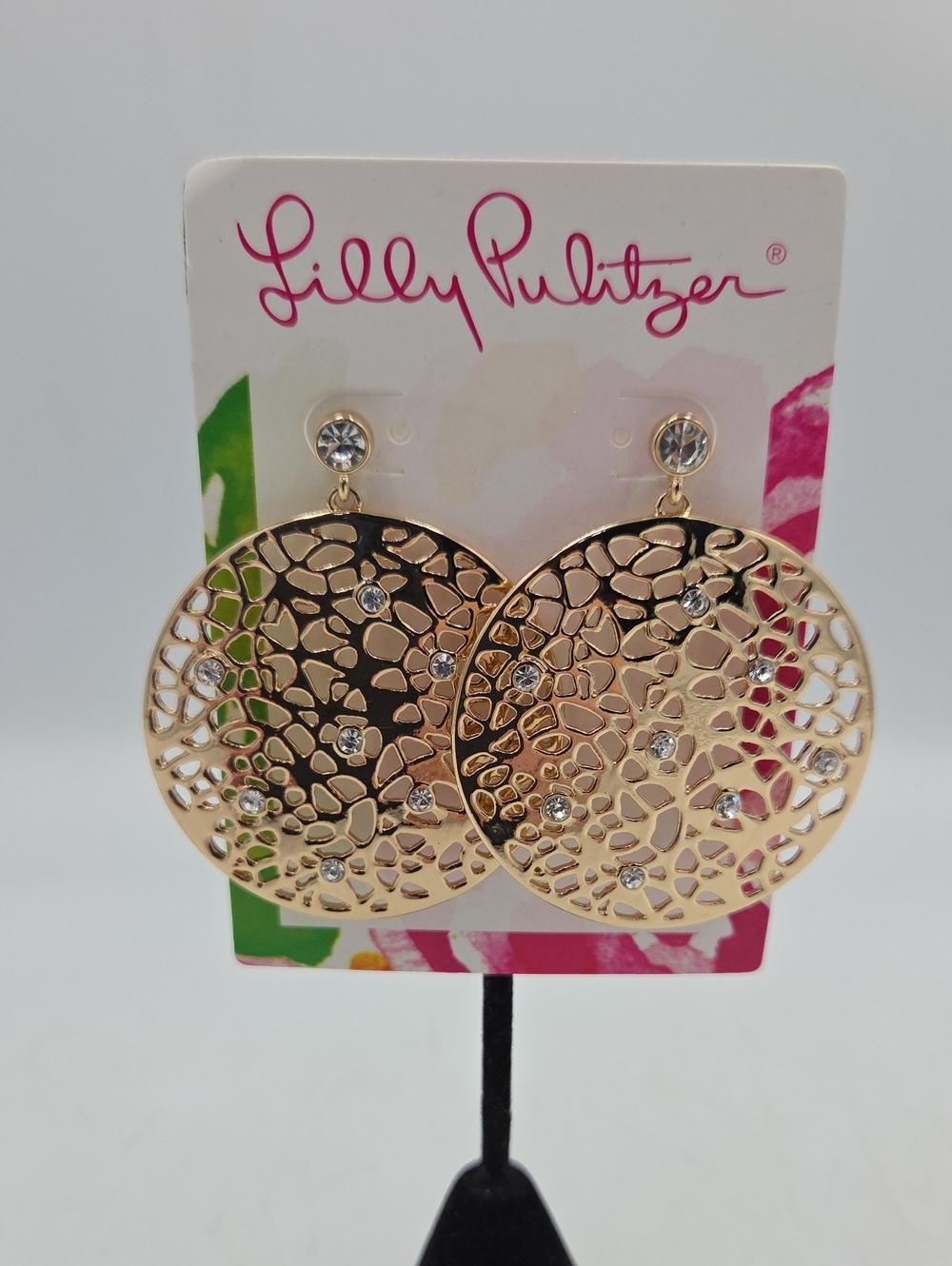 Lilly Pulitzer Devine Gold Tone Filigree Round Drop Earrings with Crystals